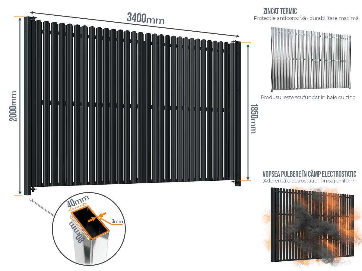 Poartă Batantă Șipcă - Poarta Batanta Șipcă cu stâlpi 80x40/3.0 h-2.0