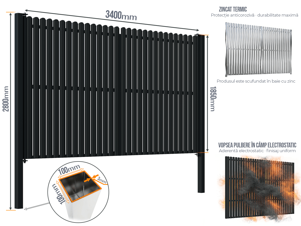 Poartă Batantă Șipcă - Poarta Batanta Șipcă cu stâlpi 100x100/3.0 h-2.8