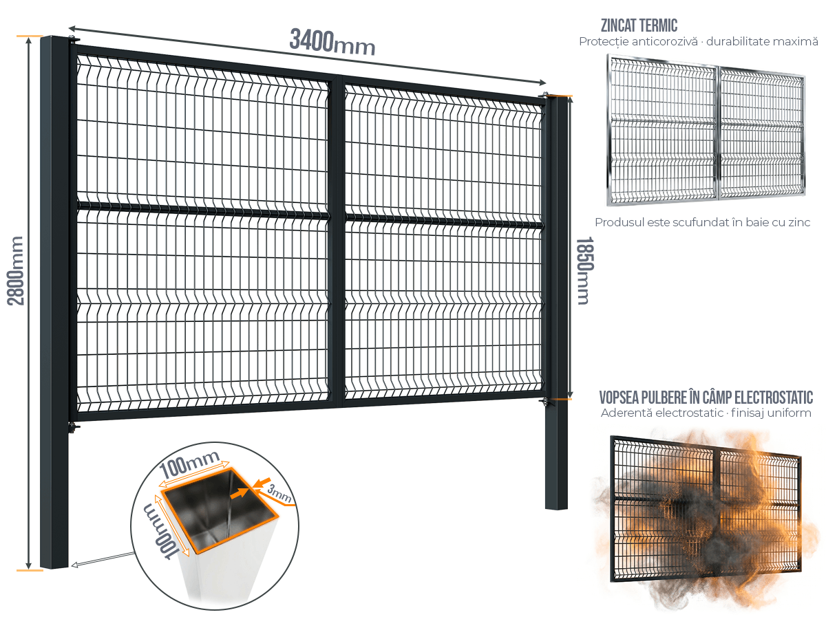 Poartă Batantă Plasă Bordurata - Poarta Batanta Plasă Bordurata cu stâlpi 100x100/3.0 h-2.8
