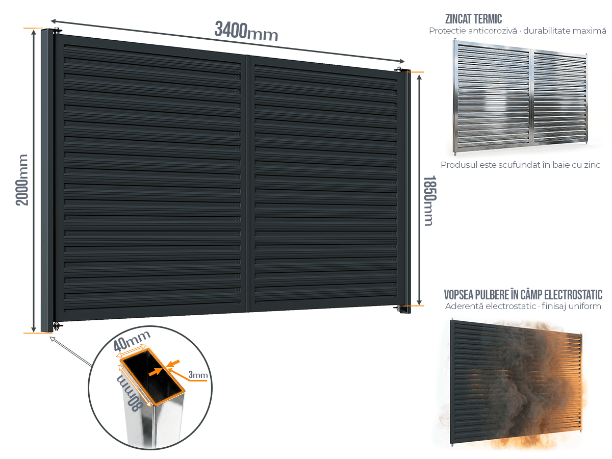 Poartă Batantă Șipcă Orizontală - Poarta Batanta Șipcă Orizontală cu stâlpi 80x40/3.0 h-2.0