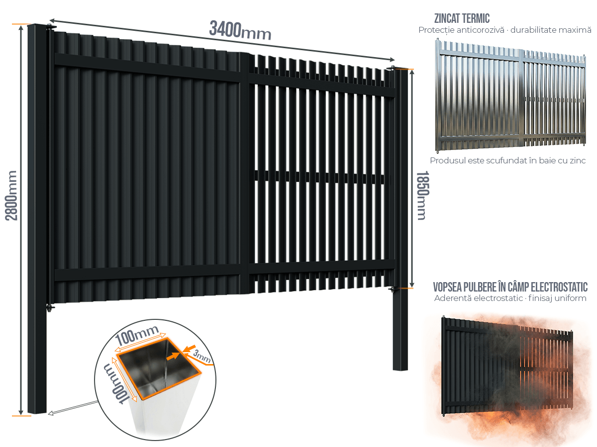 Poartă Batantă Jaluze Verticale - Poarta Batanta Jaluze Verticale cu stâlpi 100x100/3.0 h-2.8
