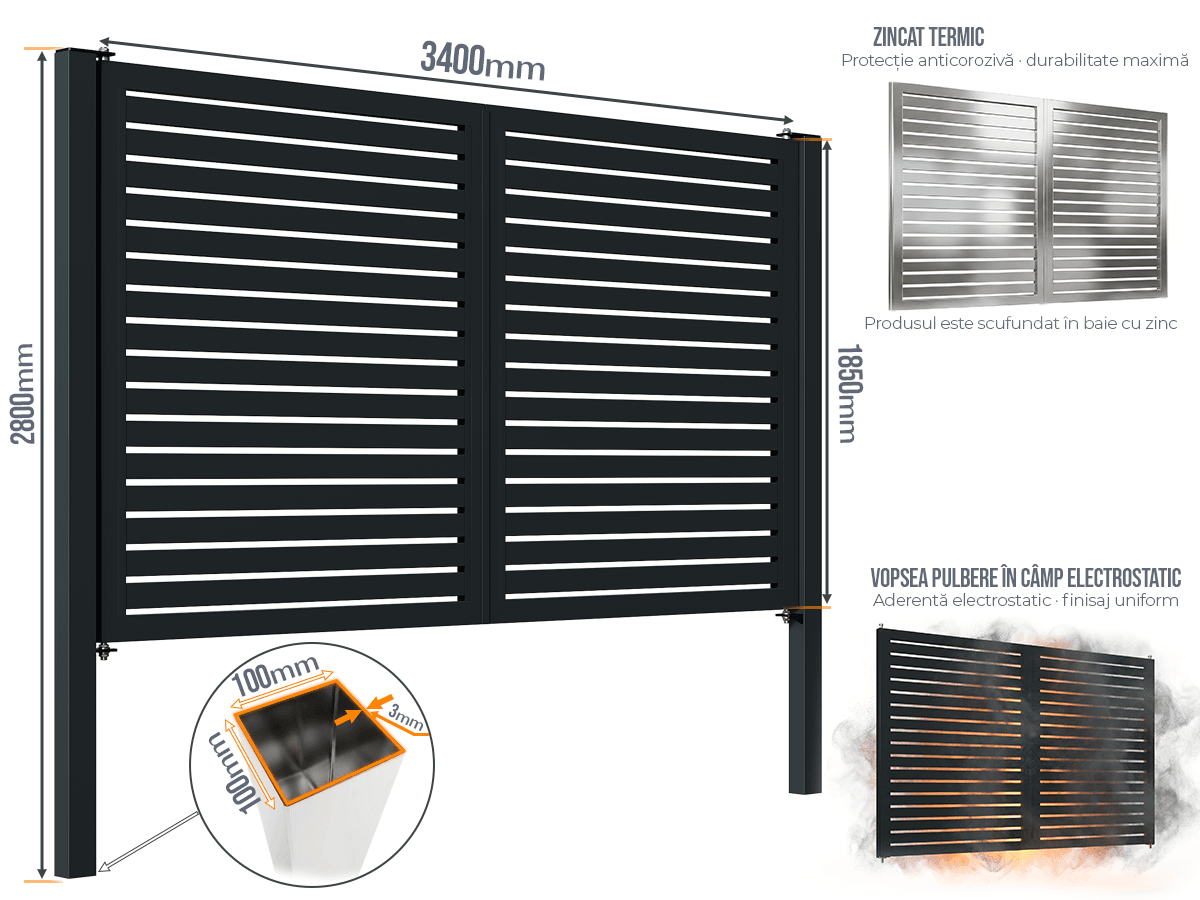 Poartă Batantă Profile Orizontale - Poarta Batanta Profile Orizontale cu stâlpi 100x100/3.0 h-2.8