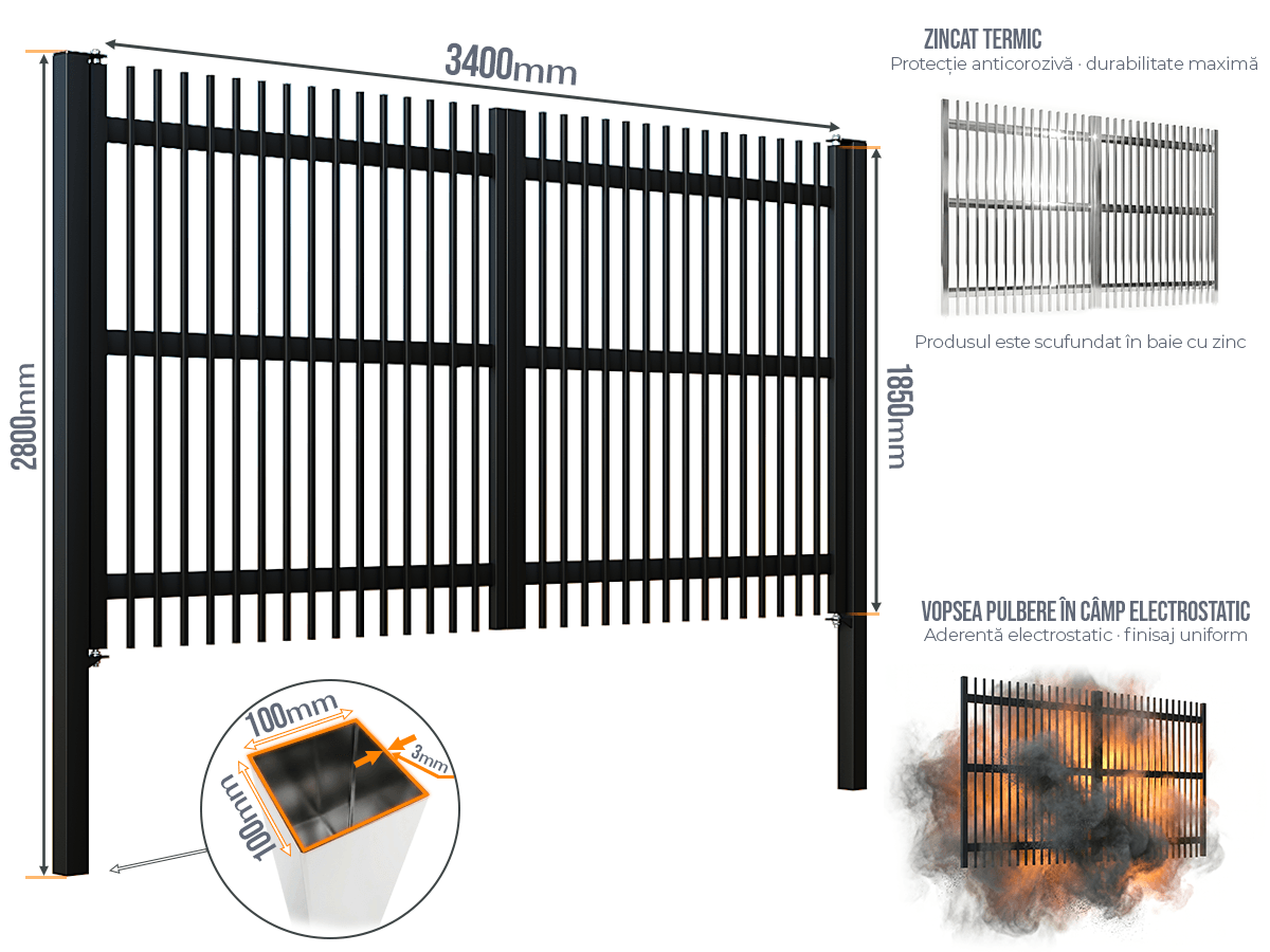 Poartă Batantă Profile Verticale 20x20 - Poarta Batanta Profile Verticale 20x20 cu stâlpi 100x100/3.0 h-2.8