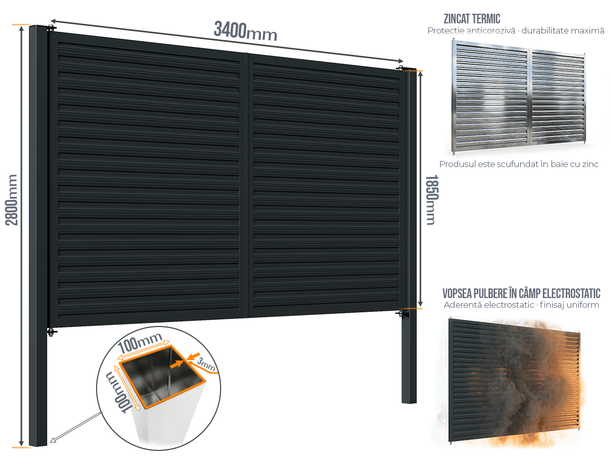 Poartă Batantă Șipcă Orizontală - Poarta Batanta Șipcă Orizontală cu stâlpi 100x100/3.0 h-2.8